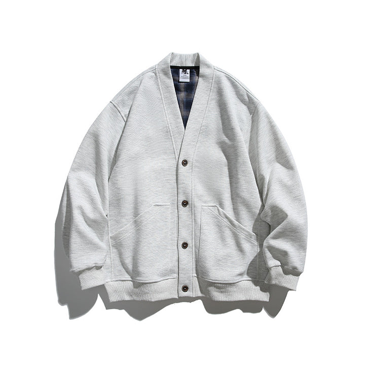 Unisex Boxy-Cardigan Jacket with V-neck, patch pockets and checked lined interior Amarae