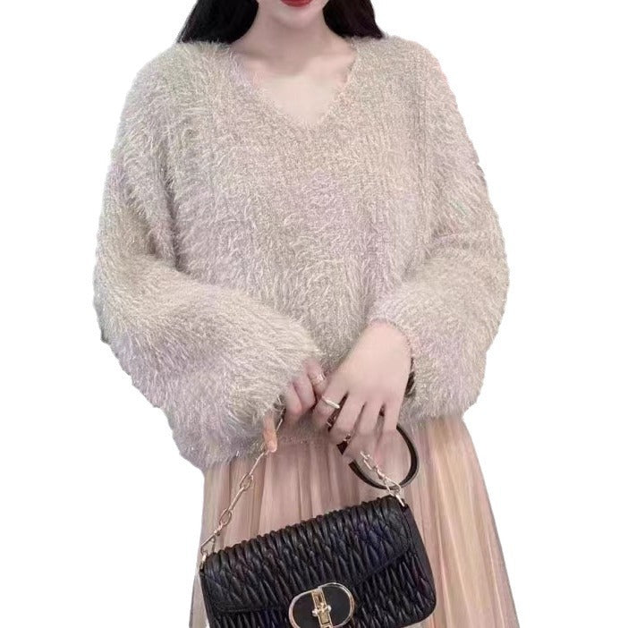 Pull V-neck pour femmes en tricot douillet avec fil à paillettes Chic & Stil