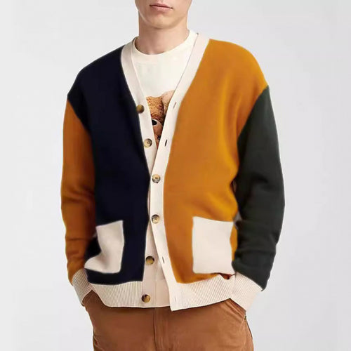 Men's knitted cardigan with modern color block details and practical pockets Amarae