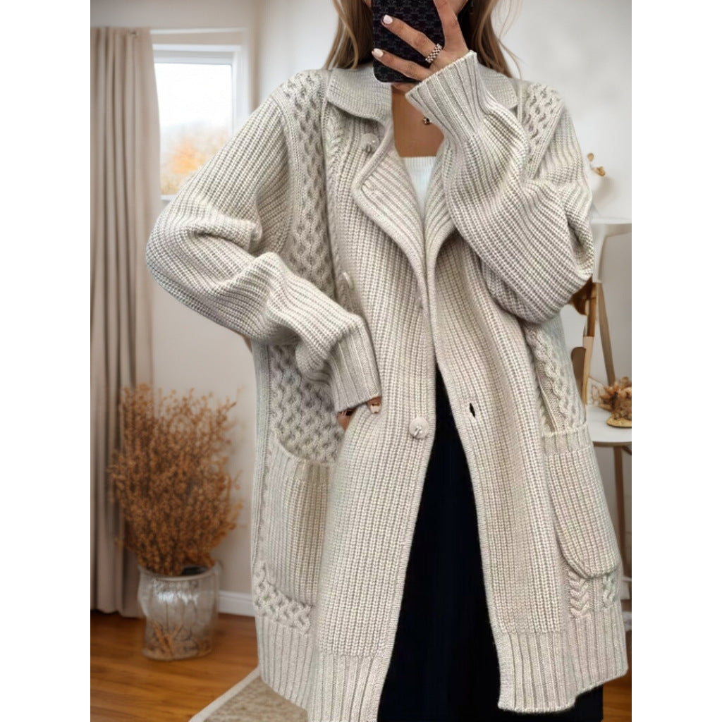 Knitted jacket for women with adjustable belt and textured cable pattern Lune London