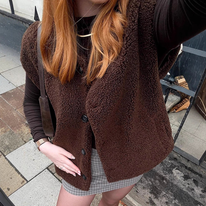Women's teddy vest with button placket, soft teddy fleece & straight silhouette Amarae