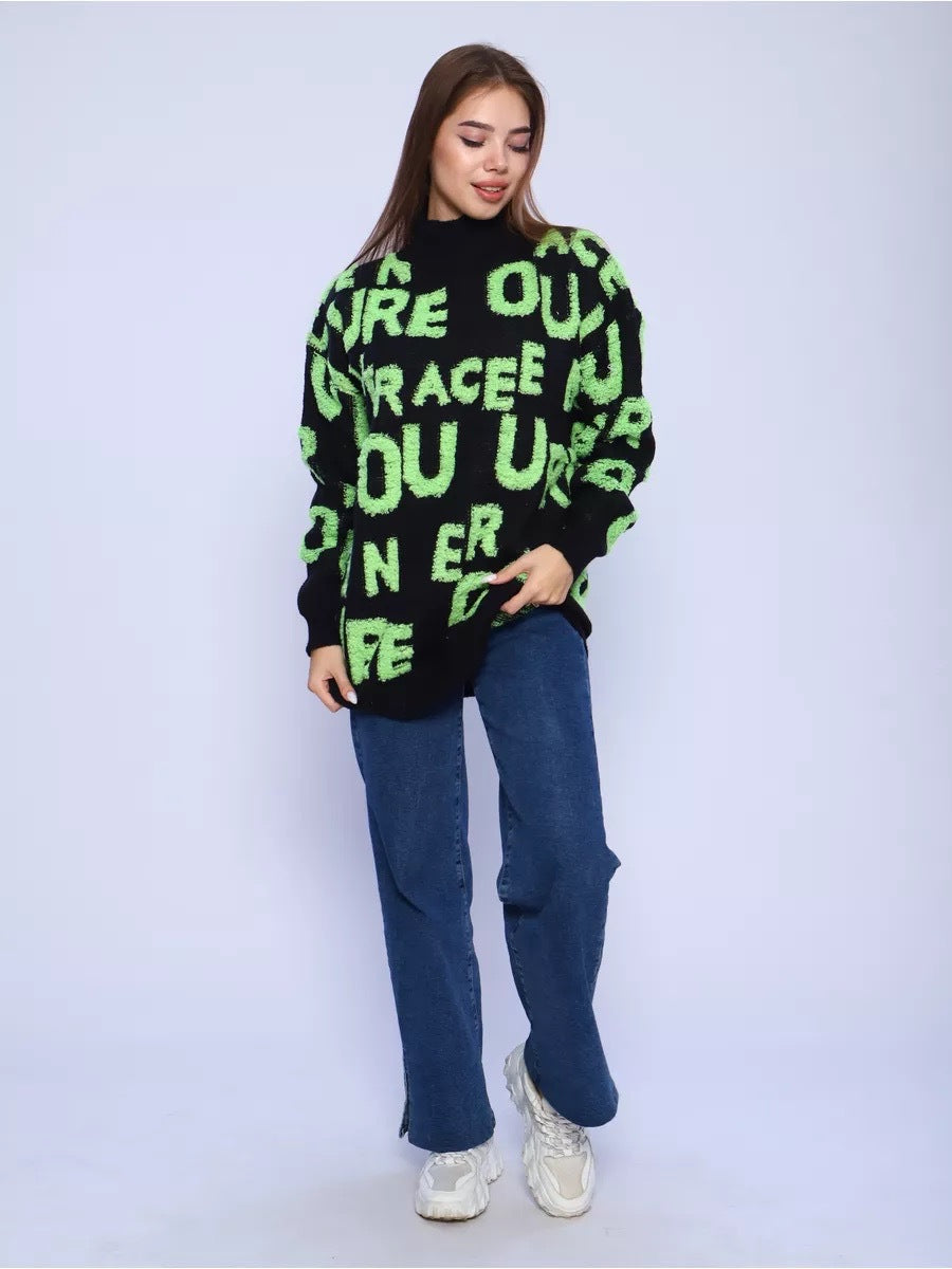 Oversized sweater for women with graphic inscription and high collar Lune London