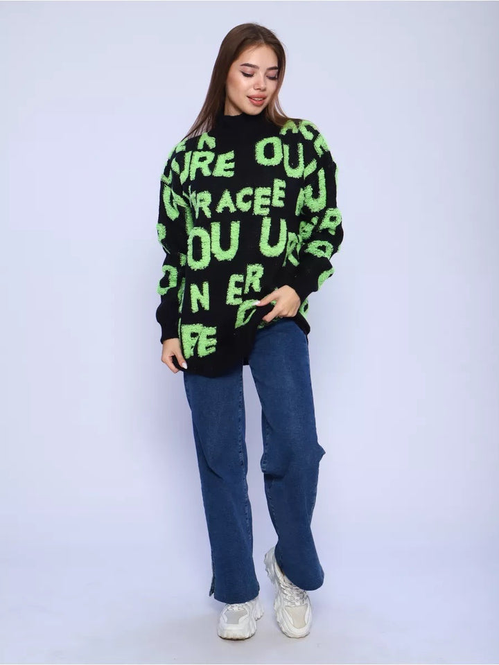 Oversized sweater for women with graphic inscription and high collar Lune London