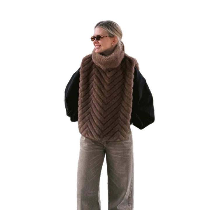 Ladies Fleece Lined Fur Poncho with High Roll Neck & Chevron Texture Amarae