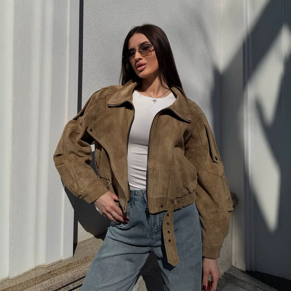 Ladies short-cut suede bomber jacket with belt & oversized sleeves Amarae