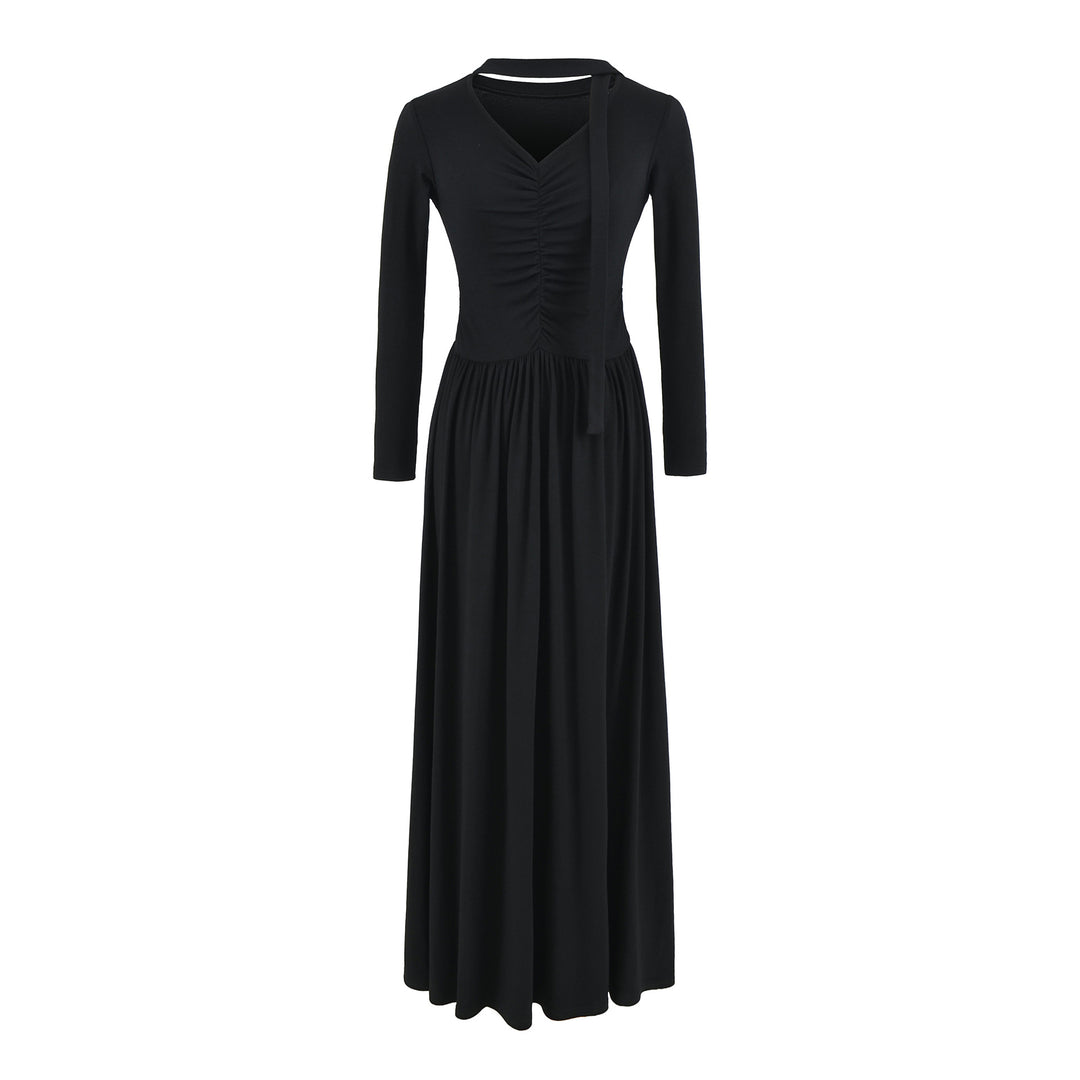 Women Long Jersey Maxi Dress with Gathering, V-Neck and Tied Scarf Amarae