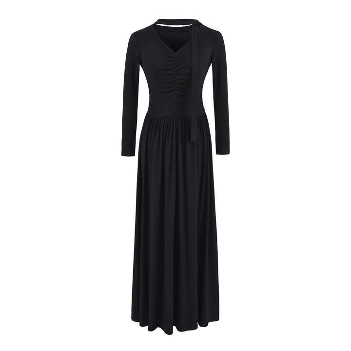 Women Long Jersey Maxi Dress with Gathering, V-Neck and Tied Scarf Amarae