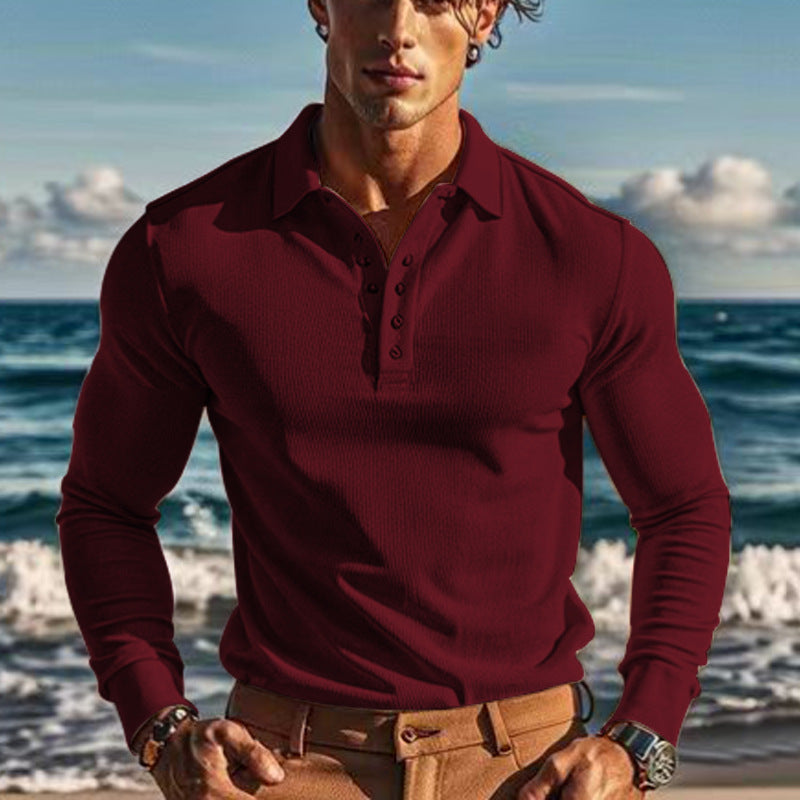 Elegant long sleeve polo for men with button placket and structured design Lune London