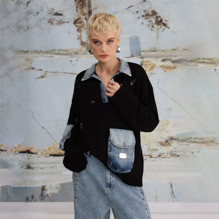Ladies Urban Oversized Sweater with Chic Denim Details and Style