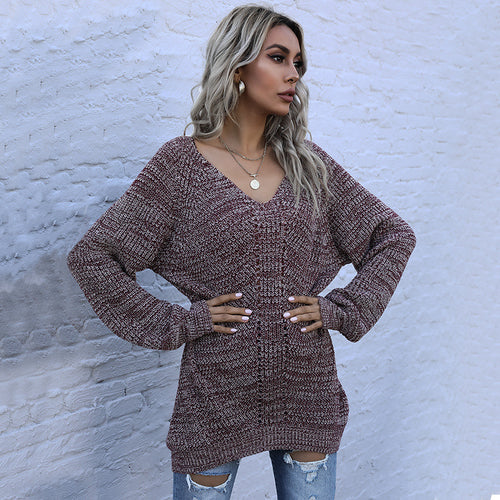 Casual knit sweater for women with a loose fit and V-neck Amarae