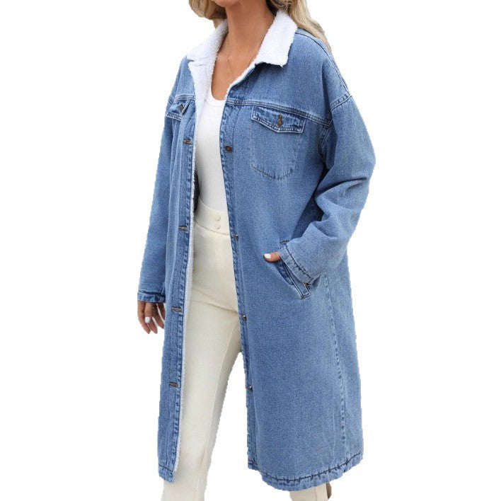 Ladies Longline Denim Coat with Teddy Collar Amarae