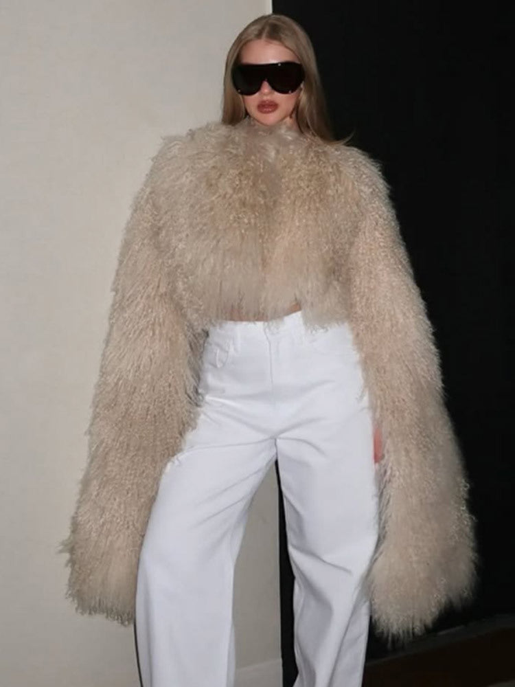 Women Extravagant Oversize Faux Fur Coat with Long Pile Curl Structure Amarae