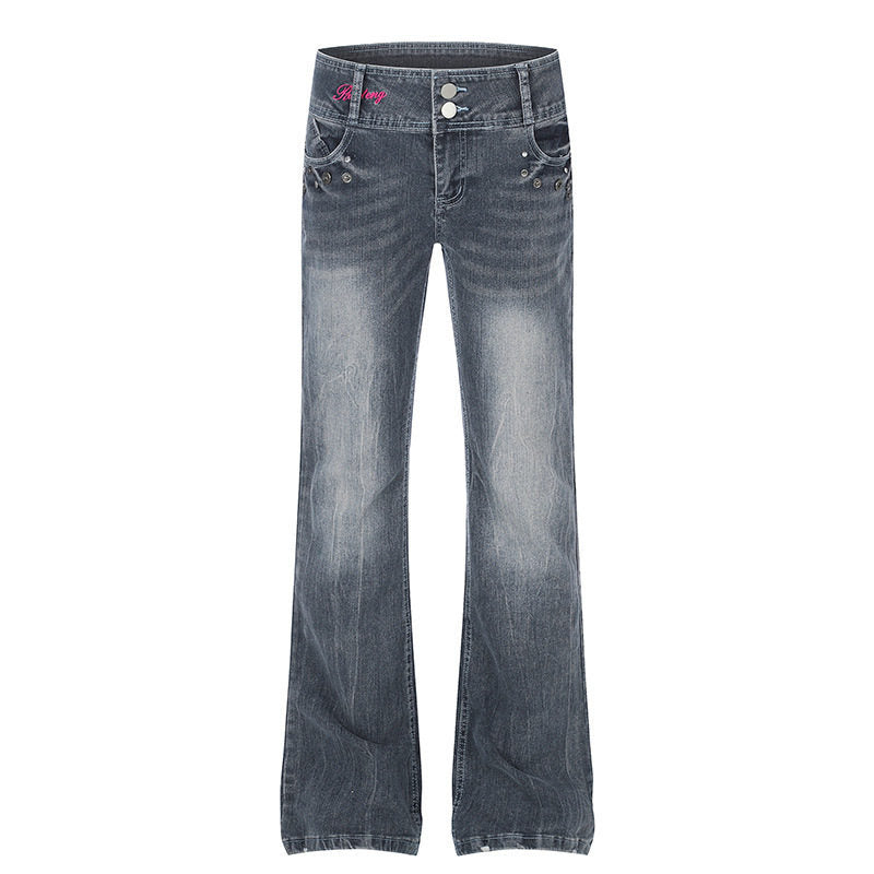 Women's High-Waist Flared Jeans with Wide Leg, Double Button and Stud Detail Amarae