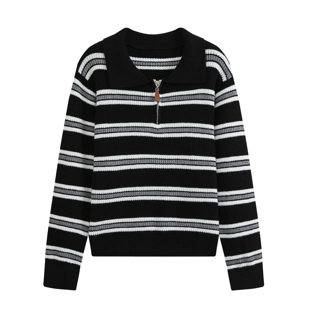 Women's Striped Knit Sweater with Polo Collar and Half Zipper Amarae