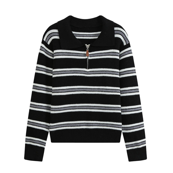 Women's Striped Knit Sweater with Polo Collar and Half Zipper Amarae