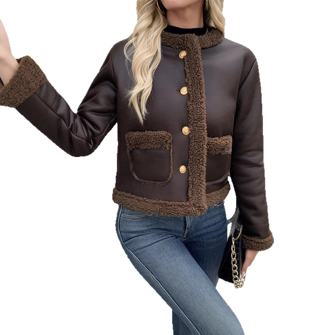 Textured short-cut jacket for women with hidden buttons and pockets Lune London