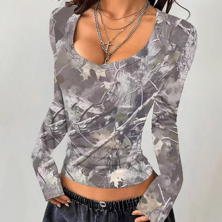 Long sleeve women’s camouflage T-shirt with V-neck and chic modern details