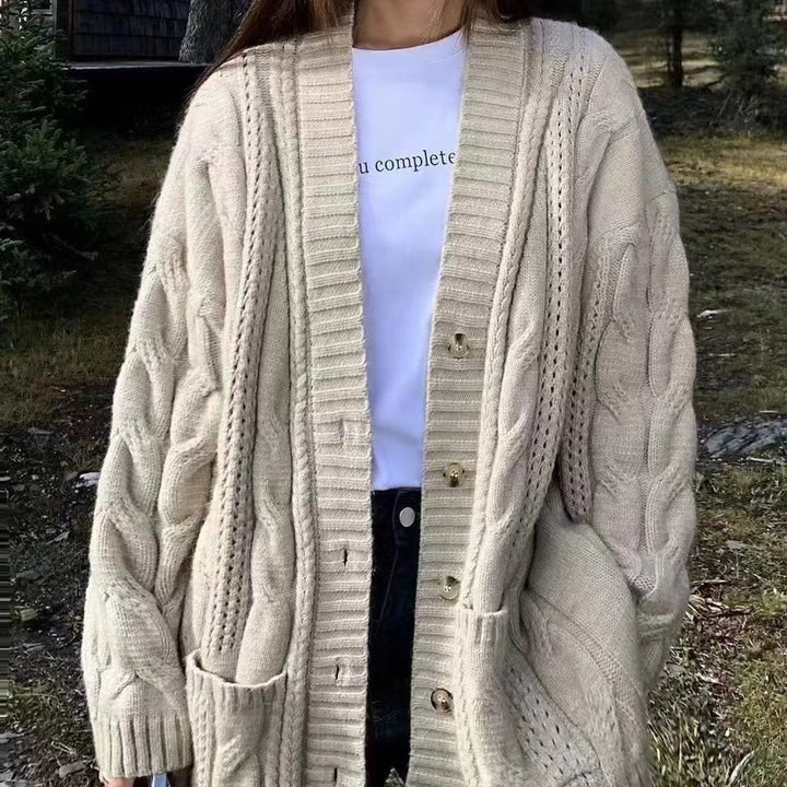 Knit cardigan for women with deep V-neck and structured twisted pattern Lune London