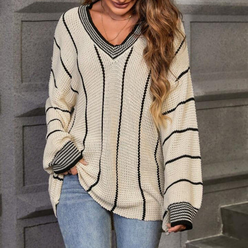 Thick knitted sweater for women with an elegant V-neck and a trendy striped pattern Amarae