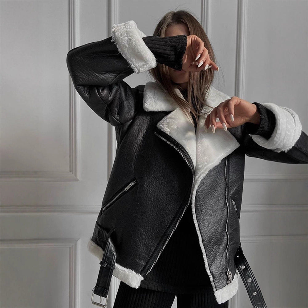 Women's Oversized Biker Jacket with Teddy Fur Lining and Adjustable Belts Amarae