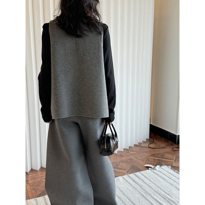 Women Boxy Wool Felt Vest with A-Line Cut and Inset Pockets Amarae