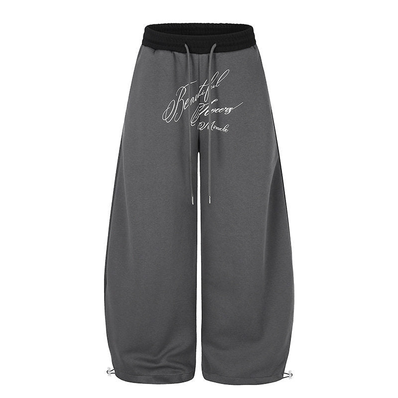 Women's Wide Culotte Sweatpants with High Waist, Drawstring, and Elegant Script Print