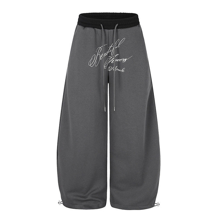 Women's Wide Culotte Sweatpants with High Waist, Drawstring, and Elegant Script Print