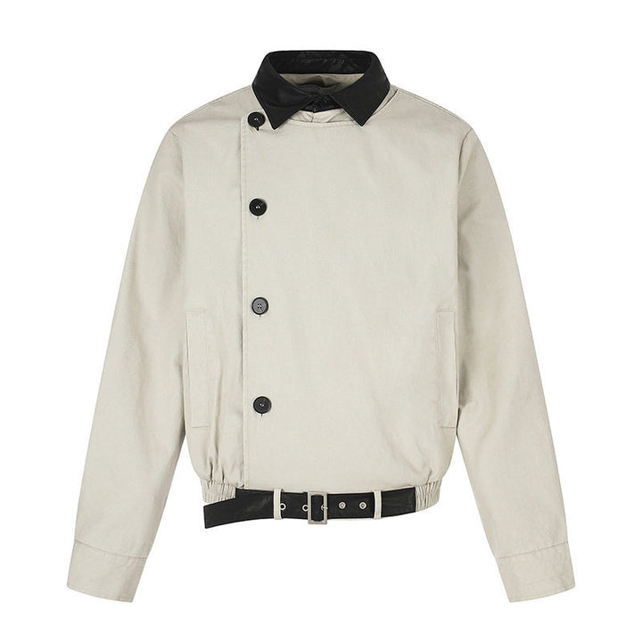 Men's Asymmetrical Canvas Bomber Jacket with Leather Straps and Stand Collar Amarae