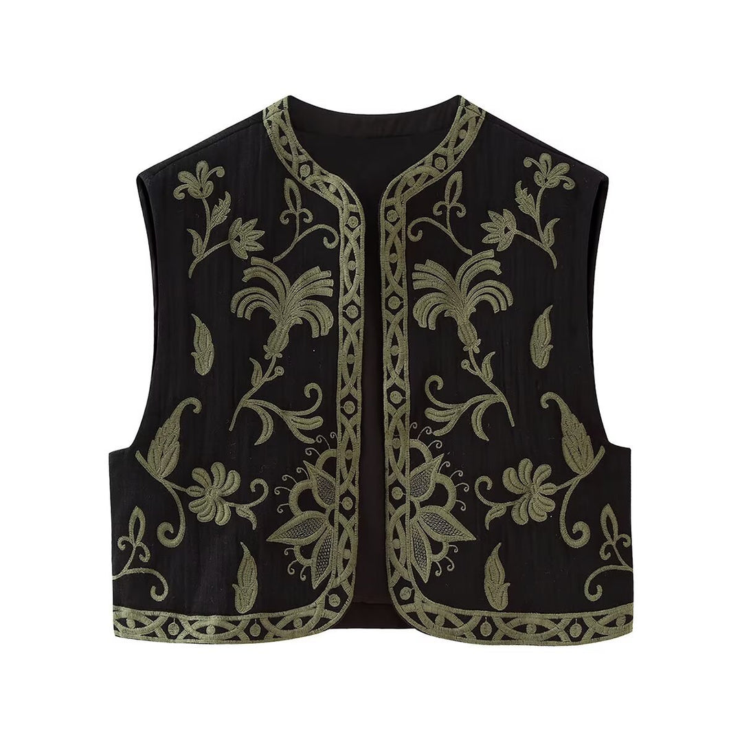 Women's Boho Embroidered Vest with Open Cut and Floral Decorative Embroidery Amarae