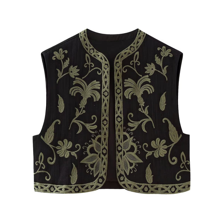 Women's Boho Embroidered Vest with Open Cut and Floral Decorative Embroidery Amarae