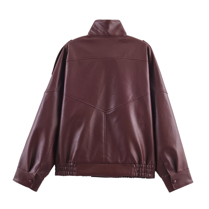 Synthetic leather jacket for women with a modern design featuring a high collar and practical pockets Lune London