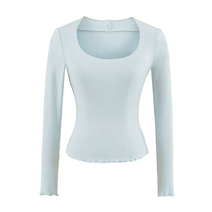 Women Fitted Long Sleeve Fine Knit Top with Square Neckline and Wave Hem Amarae