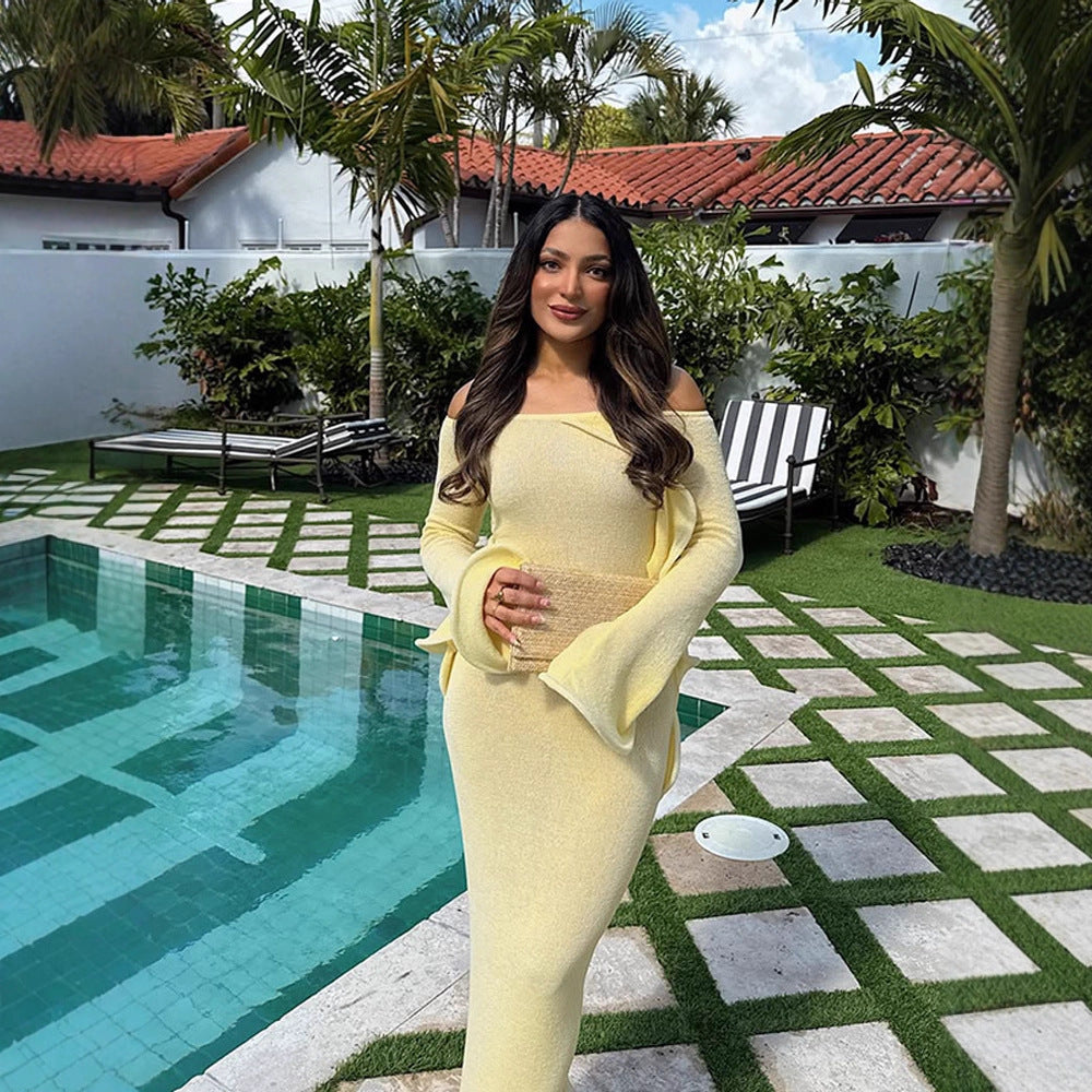 Women's Figure-Hugging Knit Maxi Dress with Off-the-Shoulder Neckline and Flared Sleeves Amarae