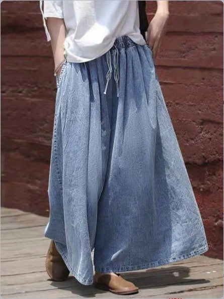 Women's Long Denim Maxi Skirt with Drawstring Waist, Wide A-Line Cut and Side Pockets Amarae