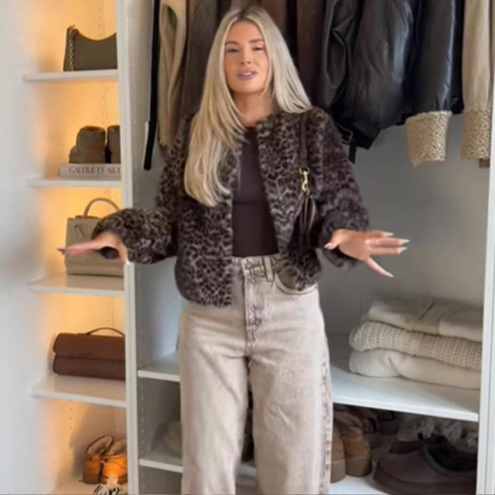 Women Short Cut Faux Fur Blouson with Leopard Print and Boxy Silhouette Amarae