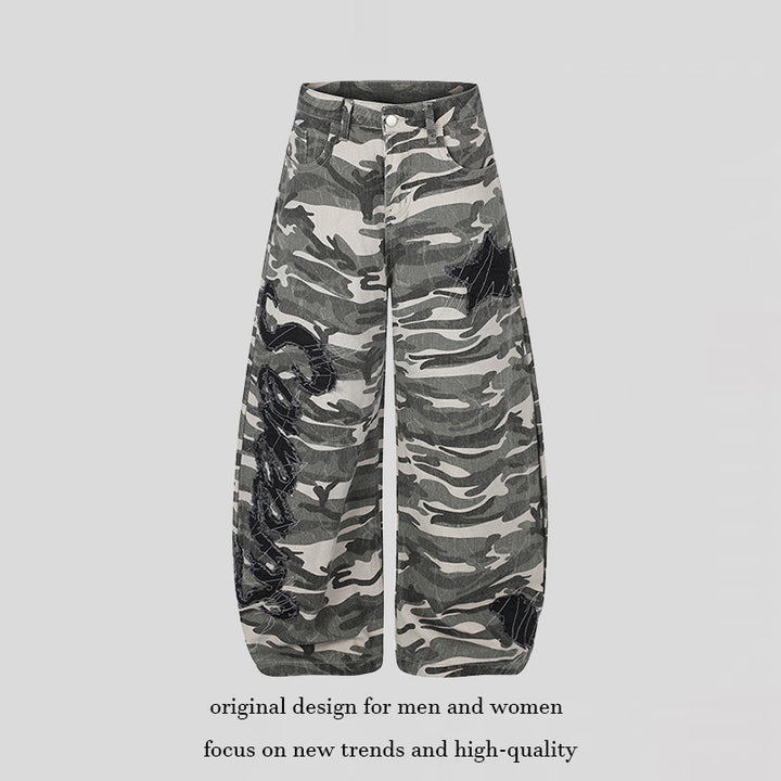 Women's Wide Camouflage Palazzo Pants with Balloon Hem and Decorative Stitch Details Amarae