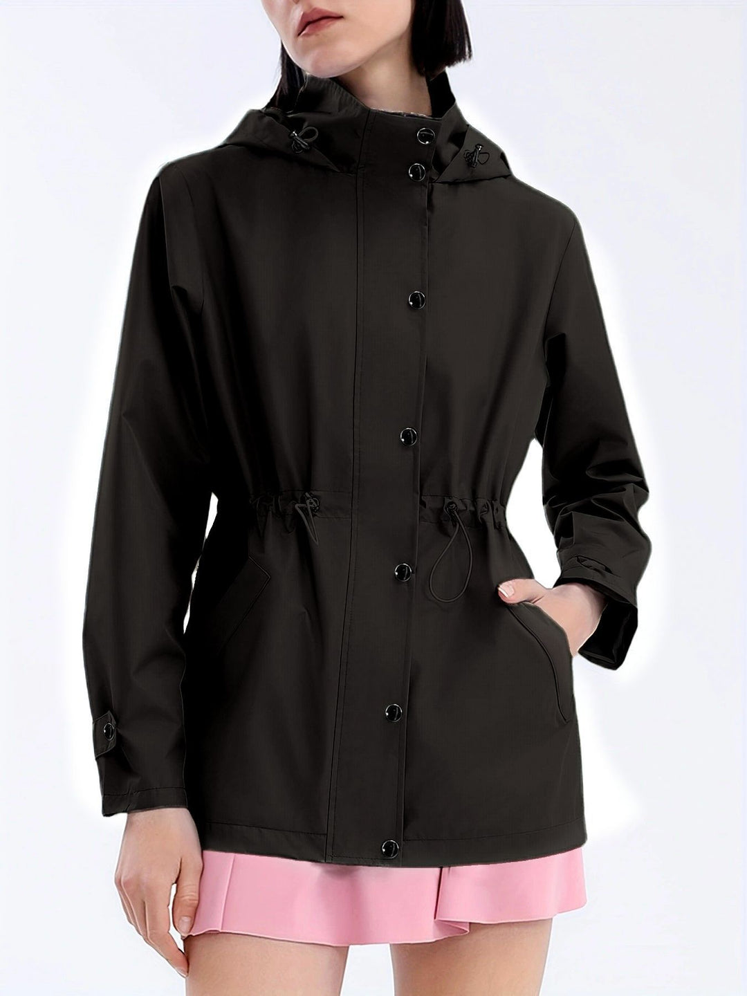 Functional transitional jacket for women with adjustable waist and hood Lune London