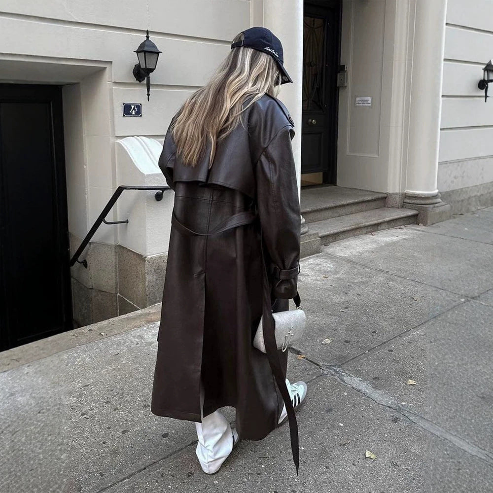 Ladies Maxilength Oversize Faux Leather Trench Coat with Wide Lapels and Waist Belt Amarae