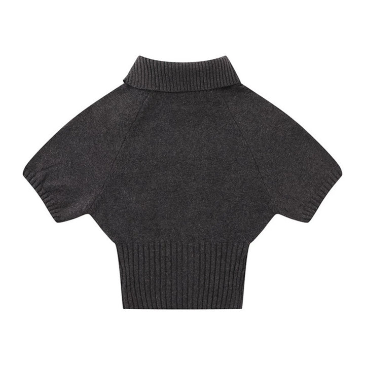 Women's Short-Sleeved Cable Knit Sweater Top with Stand Collar and Button Placket Amarae