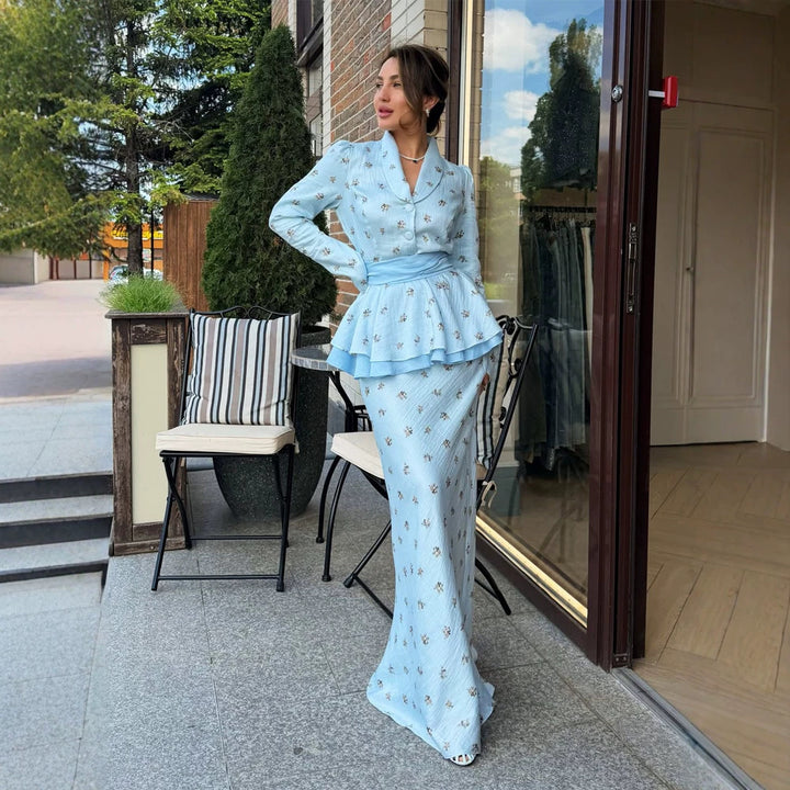 Women's Two-Piece Wrap Set with Peplum Jacket and Figure-Hugging Maxi Skirt Amarae