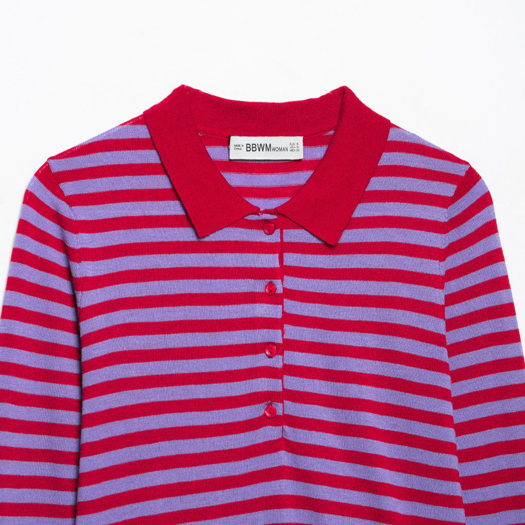Women's Striped Cropped Polo Cardigan made of Fine Knit with Button Placket Amarae
