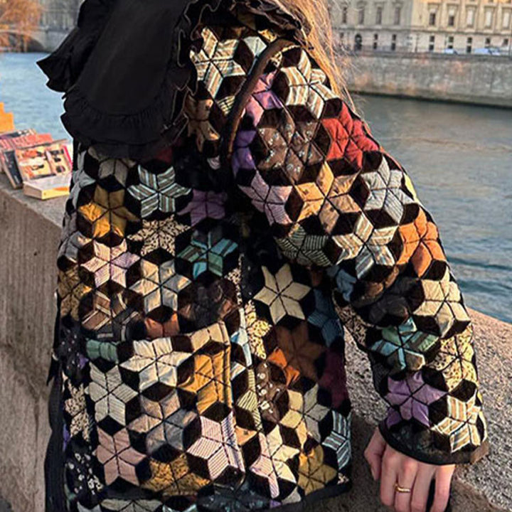 Transitional ladies' jacket with a colorful geometric pattern and practical pockets Lune London
