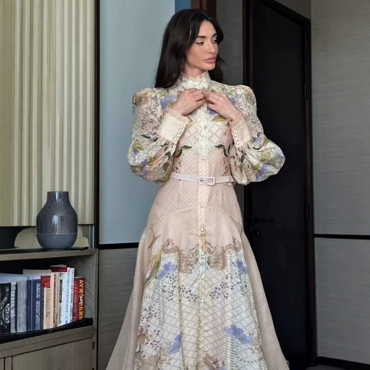 Women's maxi dress with floral print, button placket and voluminous puff sleeves Amarae
