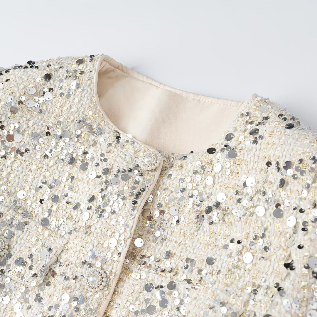Women's short jacket made of bouclé with sequin trim, decorative pearl buttons, and a belted waist Amarae