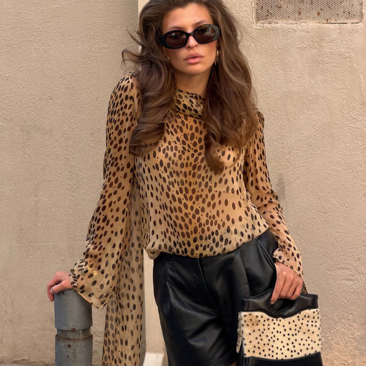 Women's Transparent Chiffon Blouse with Long Shawl Collar and Animal Print Amarae