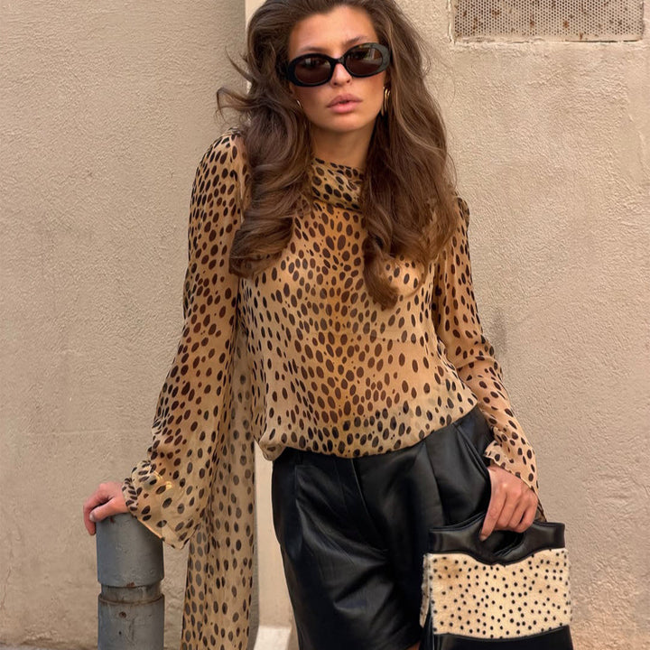 Women's Transparent Chiffon Blouse with Long Shawl Collar and Animal Print Amarae