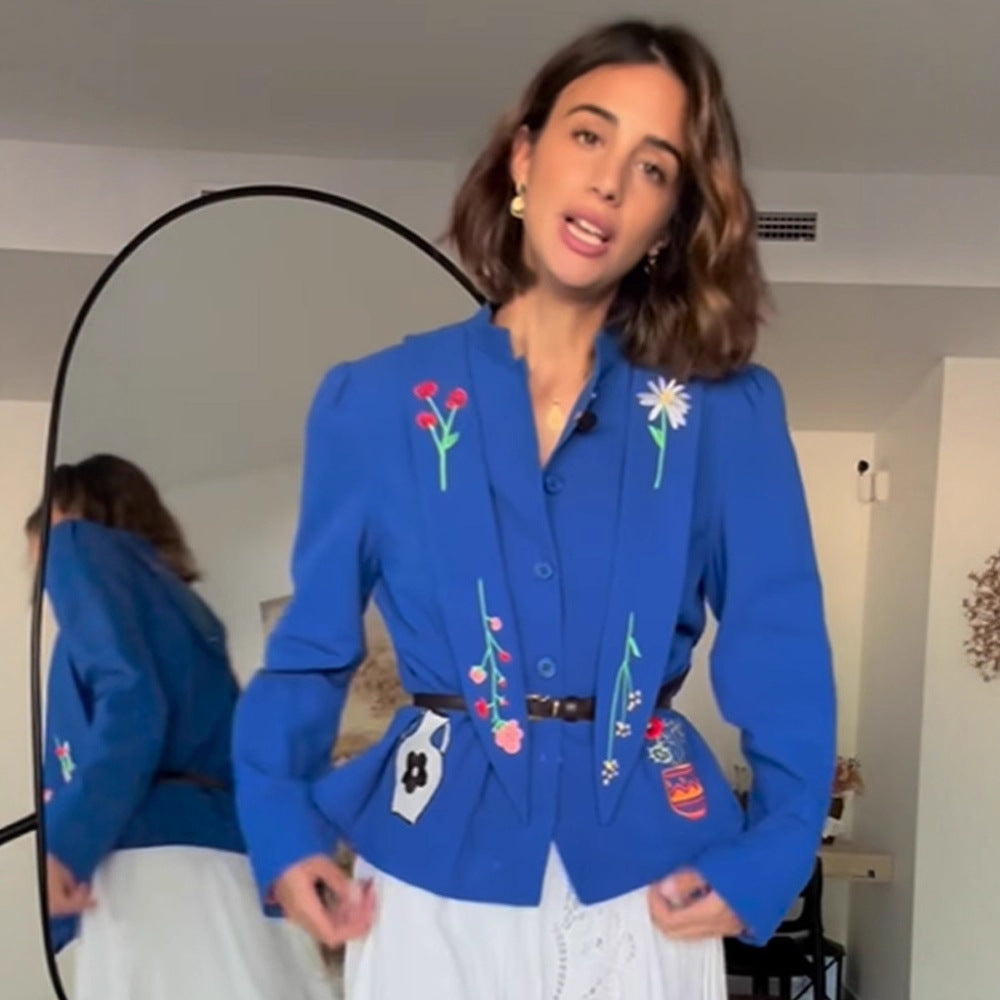 Women Embroidered Tailored Short Jacket with Peplum and Belt Amarae