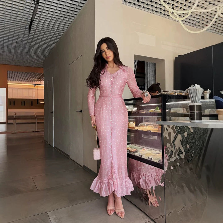 Women Elegant Maxi Dress with Continuous Button Placket, Tailored Silhouette and Ruffle Hem Amarae