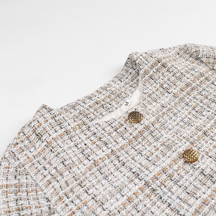 Women's Boxy Boucle Tweed Jacket with Gold Button Detail and Lightweight Lining Amarae