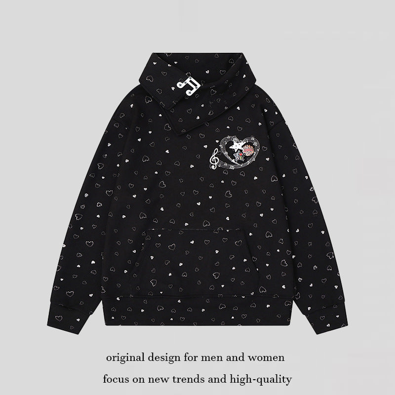 Women’s oversized sweatshirt with asymmetrical stand-up collar, kangaroo pocket and musical heart embroidery Amarae